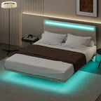 Modern Upholstered Floating Bed Frame with LED Lights, Vertical Channel Design Velvet Fabric Bed, Full Size, Beige