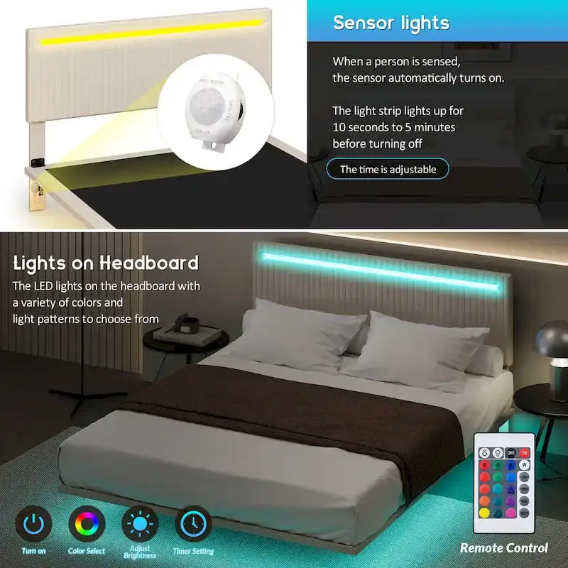 Modern Upholstered Floating Bed Frame with LED Lights, Vertical Channel Design Velvet Fabric Bed, Full Size, Beige