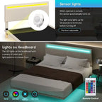 Modern Upholstered Floating Bed Frame with LED Lights, Vertical Channel Design Velvet Fabric Bed, Full Size, Beige