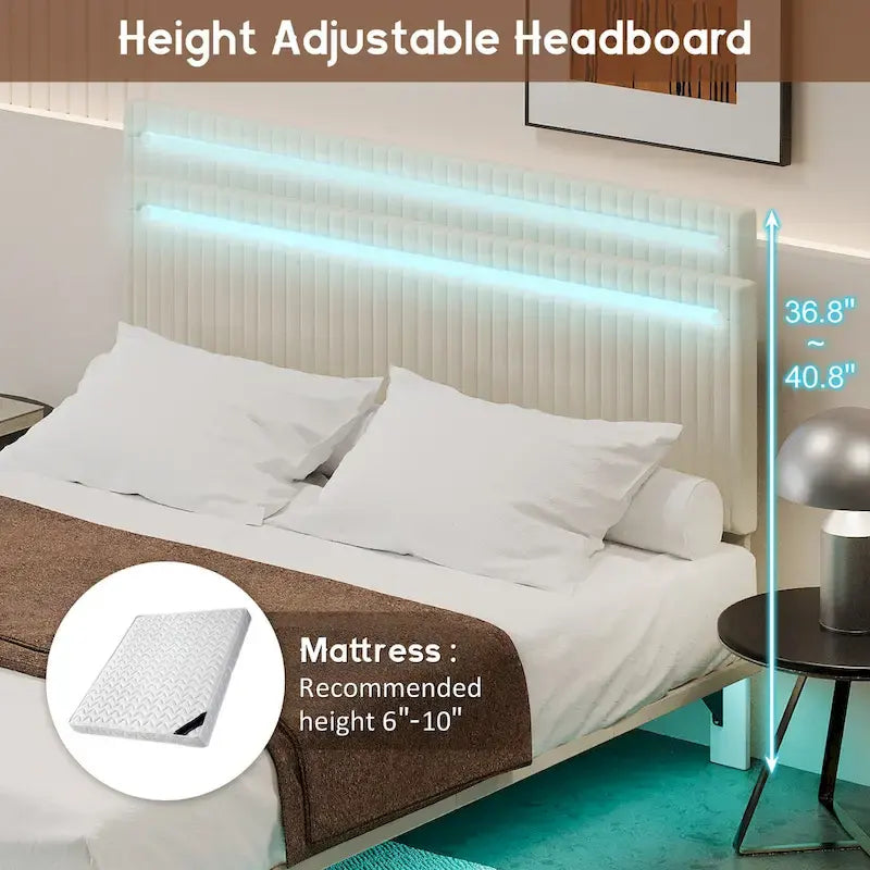 Modern Upholstered Floating Bed Frame with LED Lights, Vertical Channel Design Velvet Fabric Bed, Full Size, Beige