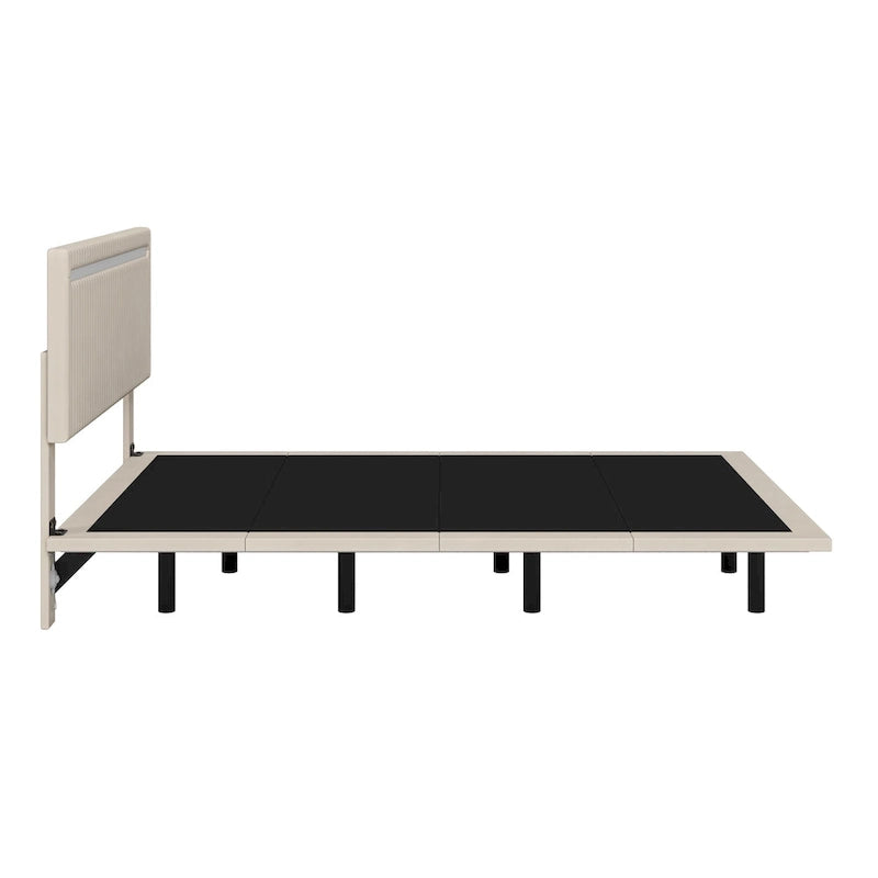 Modern Upholstered Floating Bed Frame with LED Lights, Vertical Channel Design Velvet Fabric Bed, Full Size, Beige