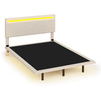 Modern Upholstered Floating Bed Frame with LED Lights, Vertical Channel Design Velvet Fabric Bed, Full Size, Beige