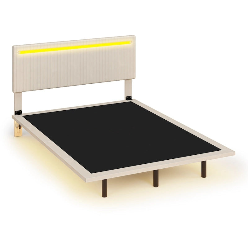 Modern Upholstered Floating Bed Frame with LED Lights, Vertical Channel Design Velvet Fabric Bed, Full Size, Beige