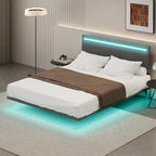 Modern Upholstered Floating Bed Frame with LED Lights, Vertical Channel Design Velvet Fabric Bed, Full Size, Beige