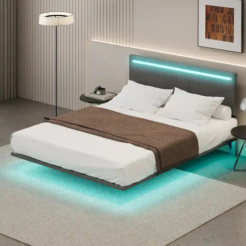 Modern Upholstered Floating Bed Frame with LED Lights, Vertical Channel Design Velvet Fabric Bed, Full Size, Beige