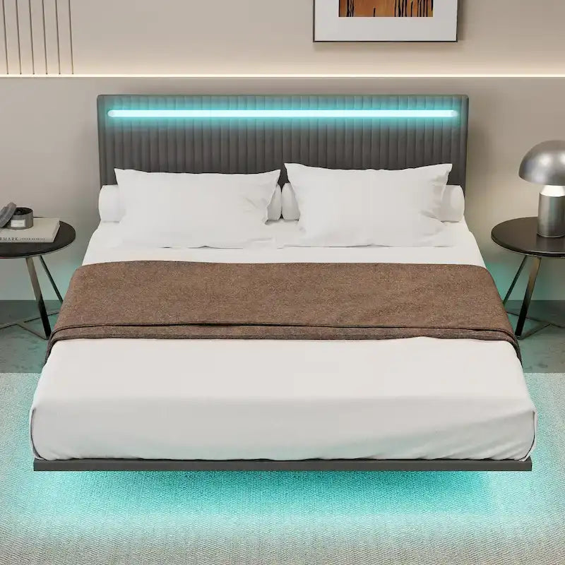 Modern Upholstered Floating Bed Frame with LED Lights, Vertical Channel Design Velvet Fabric Bed, Full Size, Beige