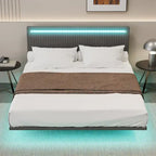 Modern Upholstered Floating Bed Frame with LED Lights, Vertical Channel Design Velvet Fabric Bed, Full Size, Beige
