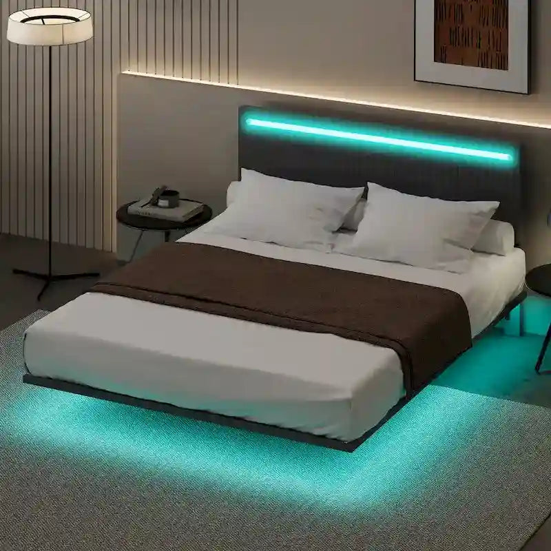 Modern Upholstered Floating Bed Frame with LED Lights, Vertical Channel Design Velvet Fabric Bed, Full Size, Beige