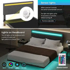 Modern Upholstered Floating Bed Frame with LED Lights, Vertical Channel Design Velvet Fabric Bed, Full Size, Beige