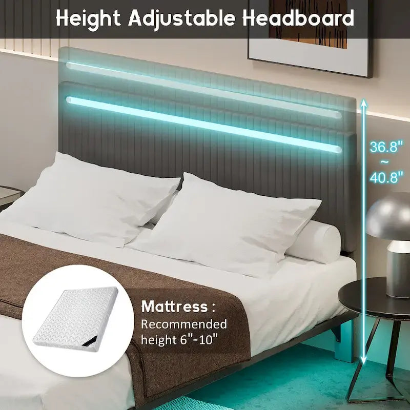 Modern Upholstered Floating Bed Frame with LED Lights, Vertical Channel Design Velvet Fabric Bed, Full Size, Beige