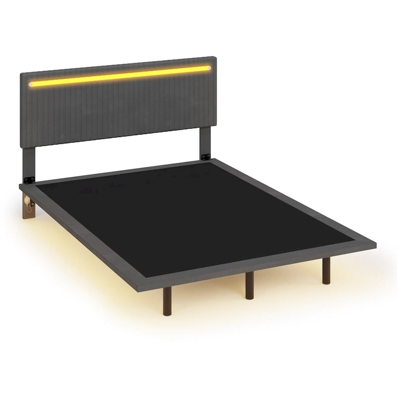Modern Upholstered Floating Bed Frame with LED Lights, Vertical Channel Design Velvet Fabric Bed, Full Size, Beige