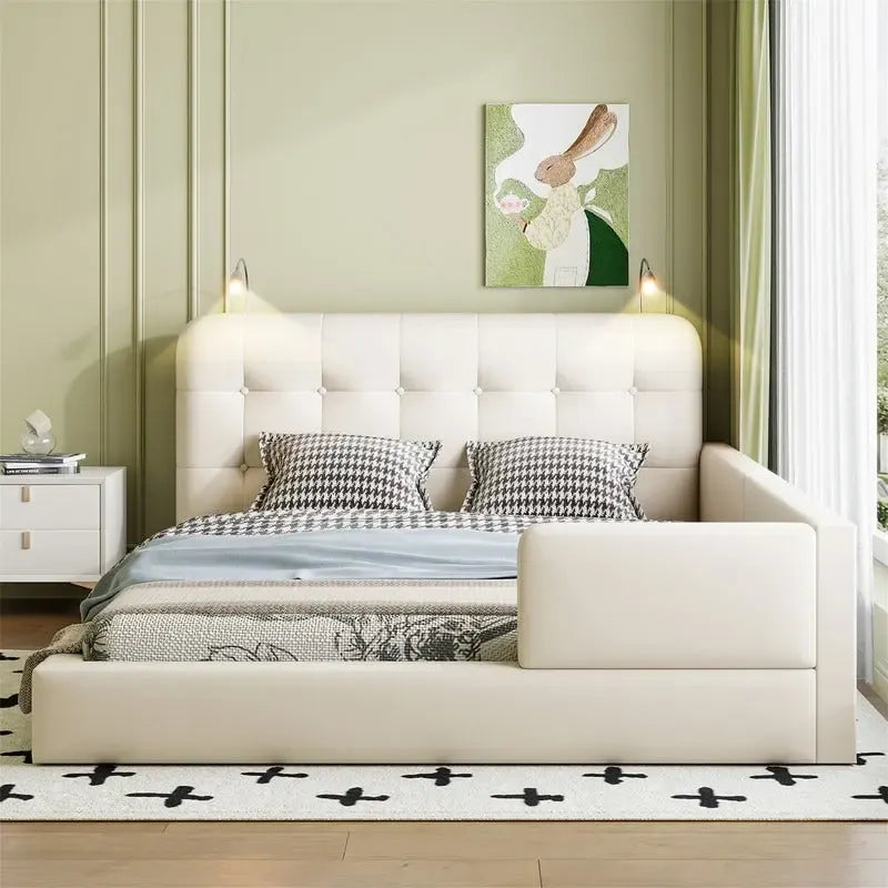 Queen Size Upholstered Bed Frame with 2 Reading Lights, PU Leather Platform Bed with Button Tufted Headboard for Bedroom