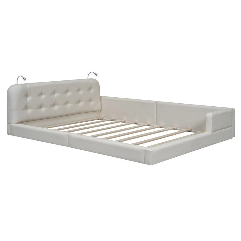 Queen Size Upholstered Bed Frame with 2 Reading Lights, PU Leather Platform Bed with Button Tufted Headboard for Bedroom