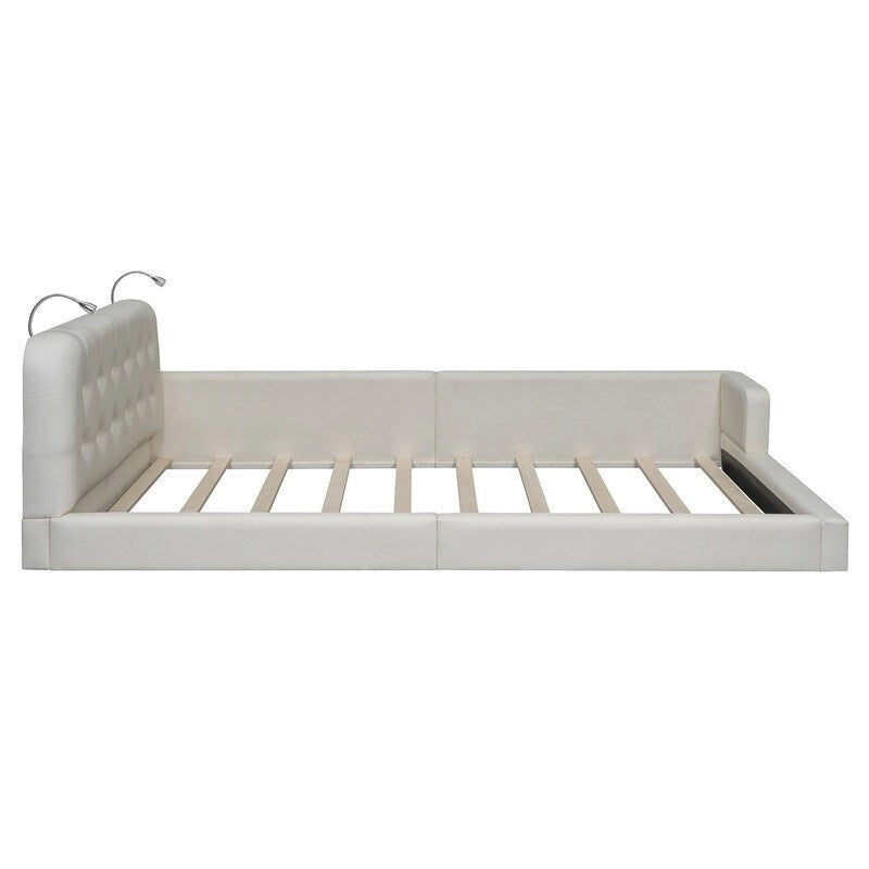 Queen Size Upholstered Bed Frame with 2 Reading Lights, PU Leather Platform Bed with Button Tufted Headboard for Bedroom