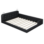 Queen Size Upholstered Bed Frame with 2 Reading Lights, PU Leather Platform Bed with Button Tufted Headboard for Bedroom