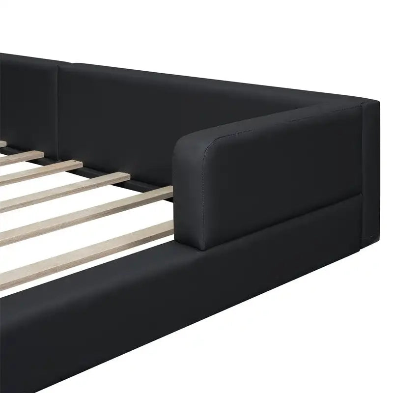 Queen Size Upholstered Bed Frame with 2 Reading Lights, PU Leather Platform Bed with Button Tufted Headboard for Bedroom