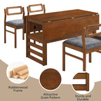Extendable Wood Dining Table and Chairs Set Mid-Century Modern Dining Table and Chairs Set with 2 Drop Leaves and Storage Shelf