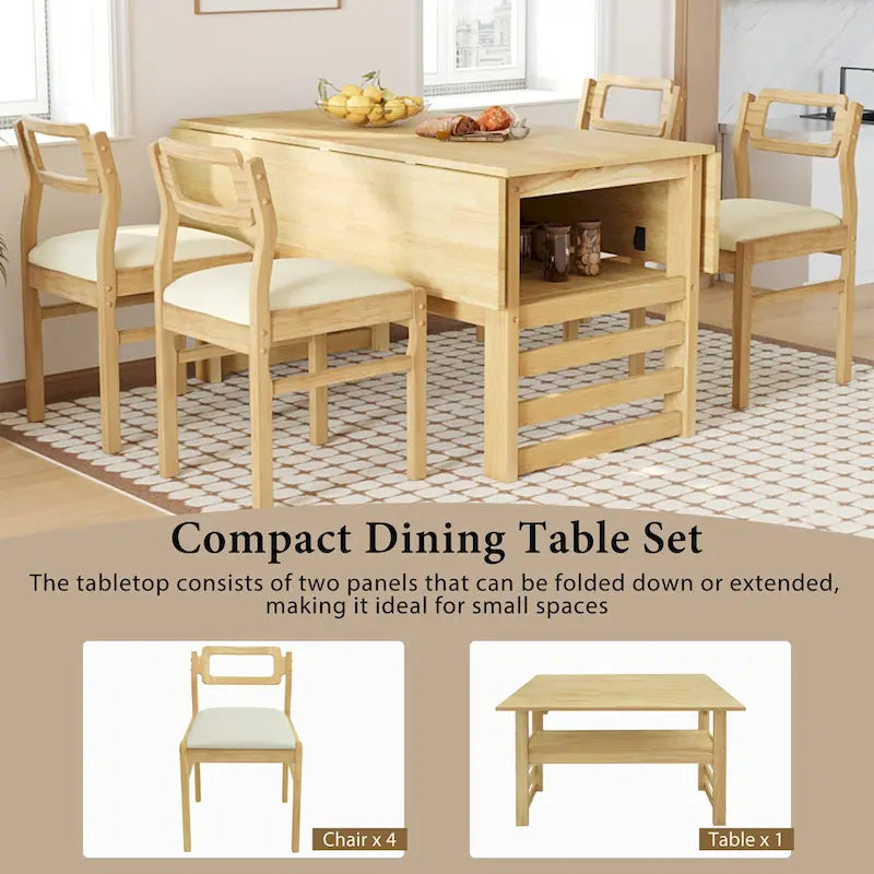 Extendable Wood Dining Table and Chairs Set Mid-Century Modern Dining Table and Chairs Set with 2 Drop Leaves and Storage Shelf
