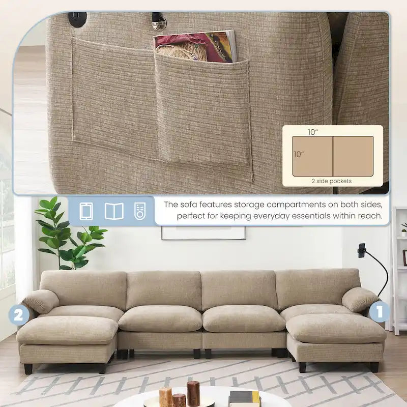140 Chenille U-Shaped Modular Sectional Sofa with 31.5 Wide Seats, USB/Type-C Chargers & Storage Pockets