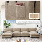 140 Chenille U-Shaped Modular Sectional Sofa with 31.5 Wide Seats, USB/Type-C Chargers & Storage Pockets