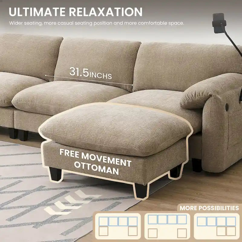 140 Chenille U-Shaped Modular Sectional Sofa with 31.5 Wide Seats, USB/Type-C Chargers & Storage Pockets
