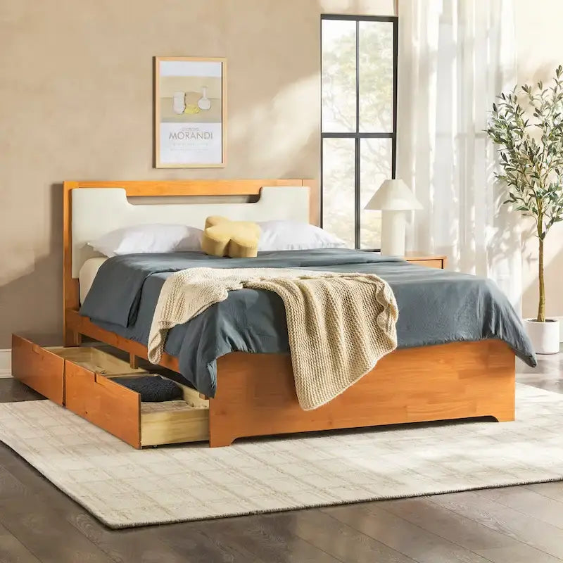 Walker Edison Mid Century Modern Solid Wood Storage Platform Bed