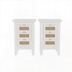 Wooden Nightstands Set of 2 with Rattan-Woven Surfaces and Three Drawers