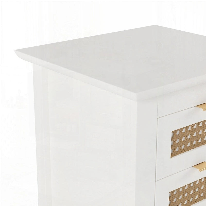 Wooden Nightstands Set of 2 with Rattan-Woven Surfaces and Three Drawers