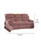 Karry Manual Recliner Sofa, Blush Pink Velvet, Solid Wood, 73 Inch