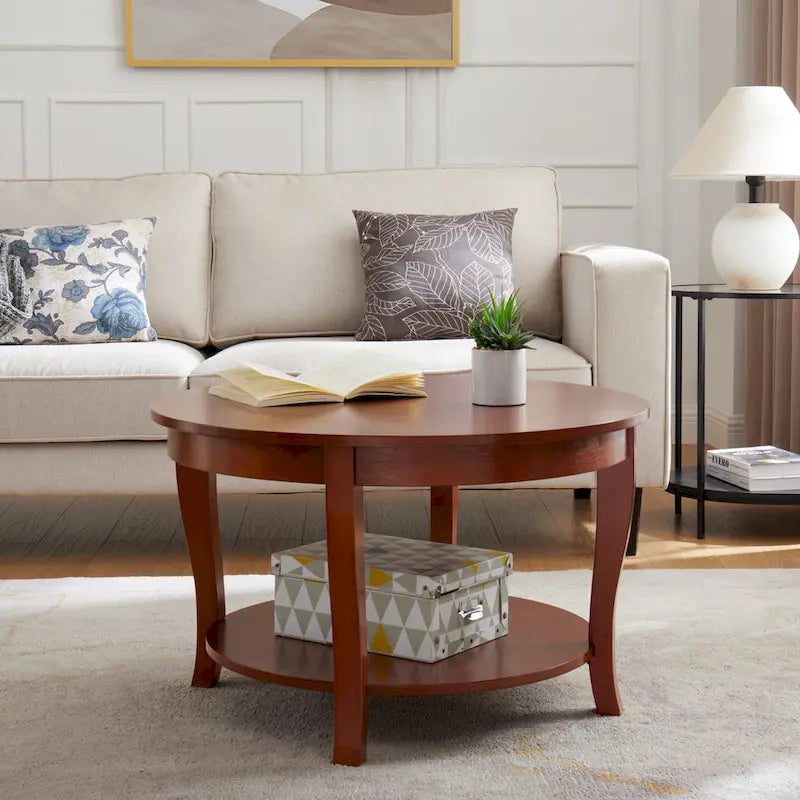 Traditional Round Coffee Table Wooden Centerpiece Table with Open Storage Shelves, for Living Room Bedroom Apartment Studio