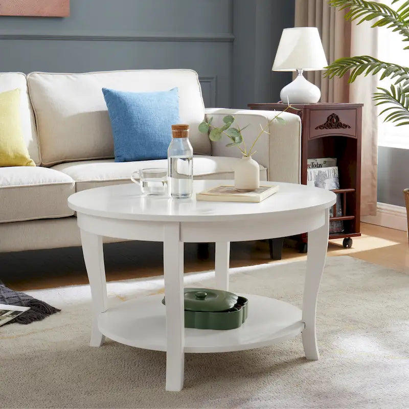 Traditional Round Coffee Table Wooden Centerpiece Table with Open Storage Shelves, for Living Room Bedroom Apartment Studio