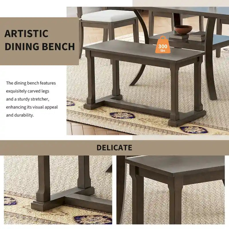 6 Pcs Dining Table Set with Storage Shelf and Curved Legs, Kitchen Furniture Dining Table Set with Bench and 4 Dining Chairs