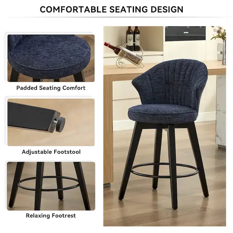 Swivel Bar Stools Set of 2, Upholstered Dining Room Chairs with Wide Backrest, Counter Height Chair with Metal Legs