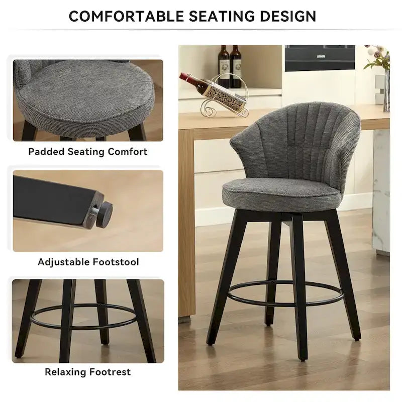Swivel Bar Stools Set of 2, Upholstered Dining Room Chairs with Wide Backrest, Counter Height Chair with Metal Legs
