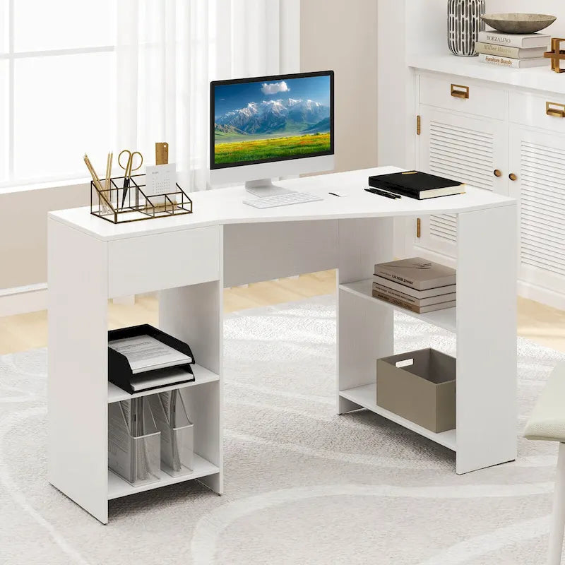 Costway L Shaped Computer Desk with Drawer & Storage Shelves for Home