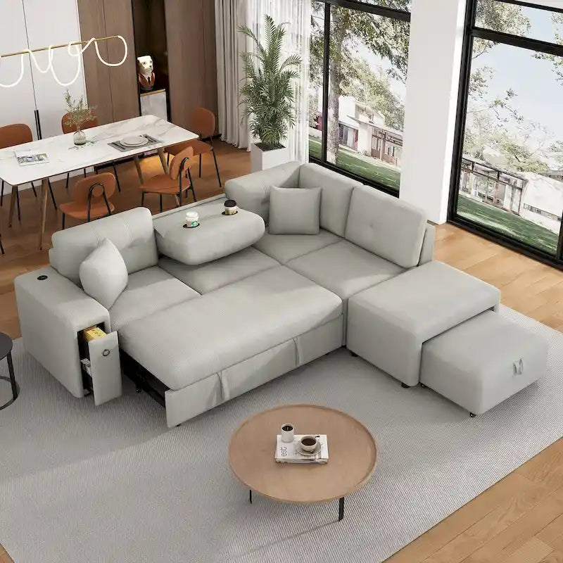 Roomfitters Sectional Sofa L-Shaped Pull-Out Bed with Movable Ottoman, Two USB Ports, and Cup Holders for Living Room