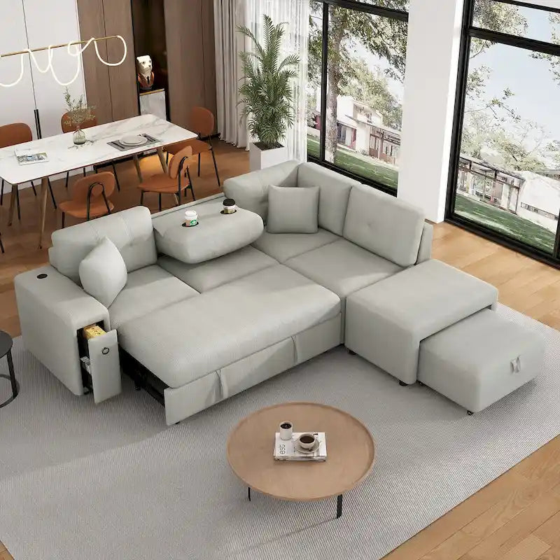 Roomfitters Sectional Sofa L-Shaped Pull-Out Bed with Movable Ottoman, Two USB Ports, and Cup Holders for Living Room