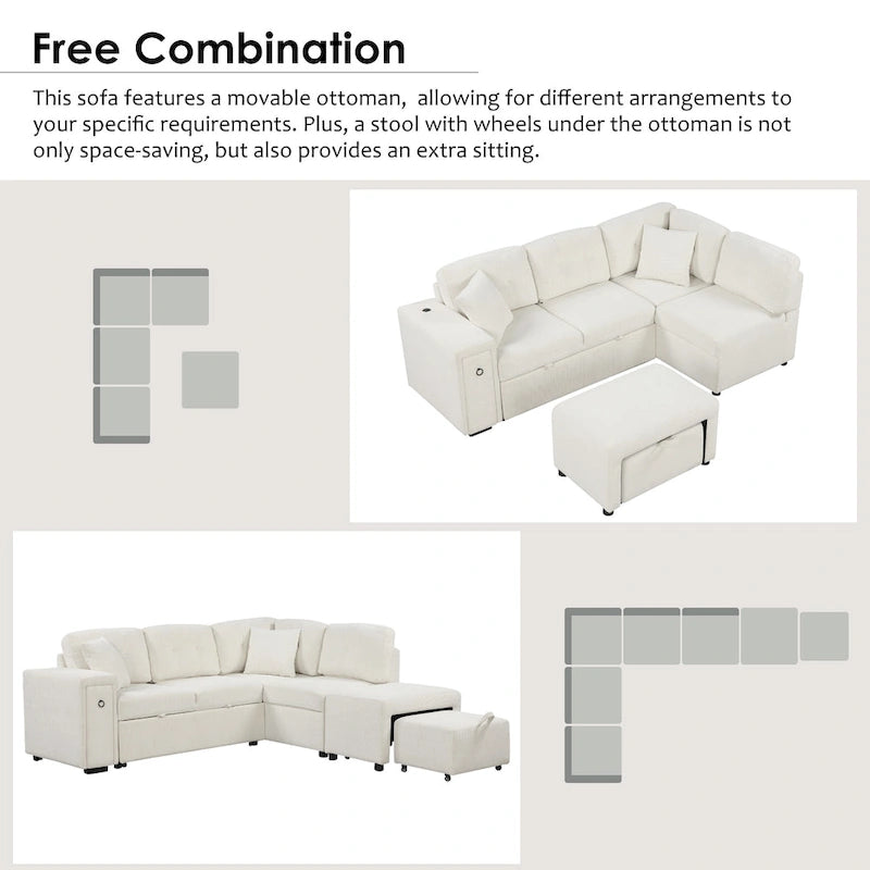 Roomfitters Sectional Sofa L-Shaped Pull-Out Bed with Movable Ottoman, Two USB Ports, and Cup Holders for Living Room