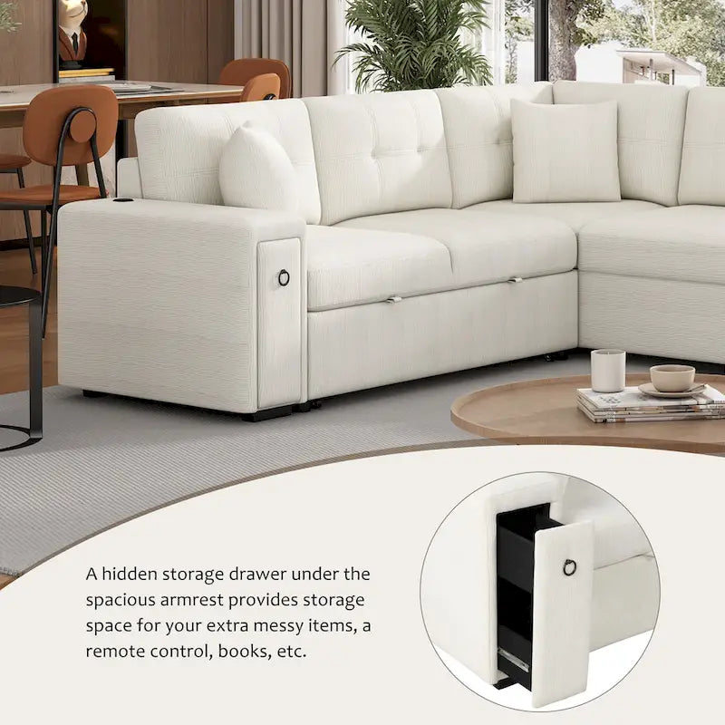 Roomfitters Sectional Sofa L-Shaped Pull-Out Bed with Movable Ottoman, Two USB Ports, and Cup Holders for Living Room