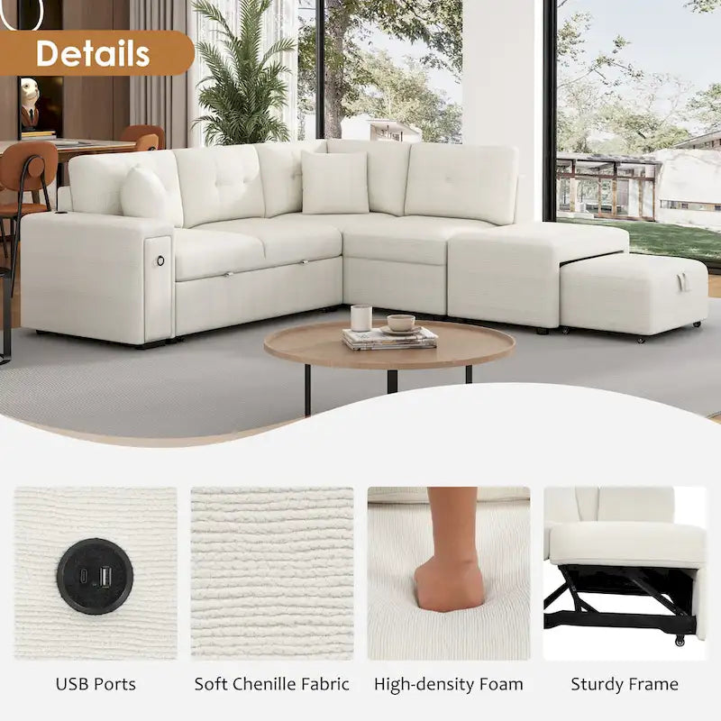 Roomfitters Sectional Sofa L-Shaped Pull-Out Bed with Movable Ottoman, Two USB Ports, and Cup Holders for Living Room