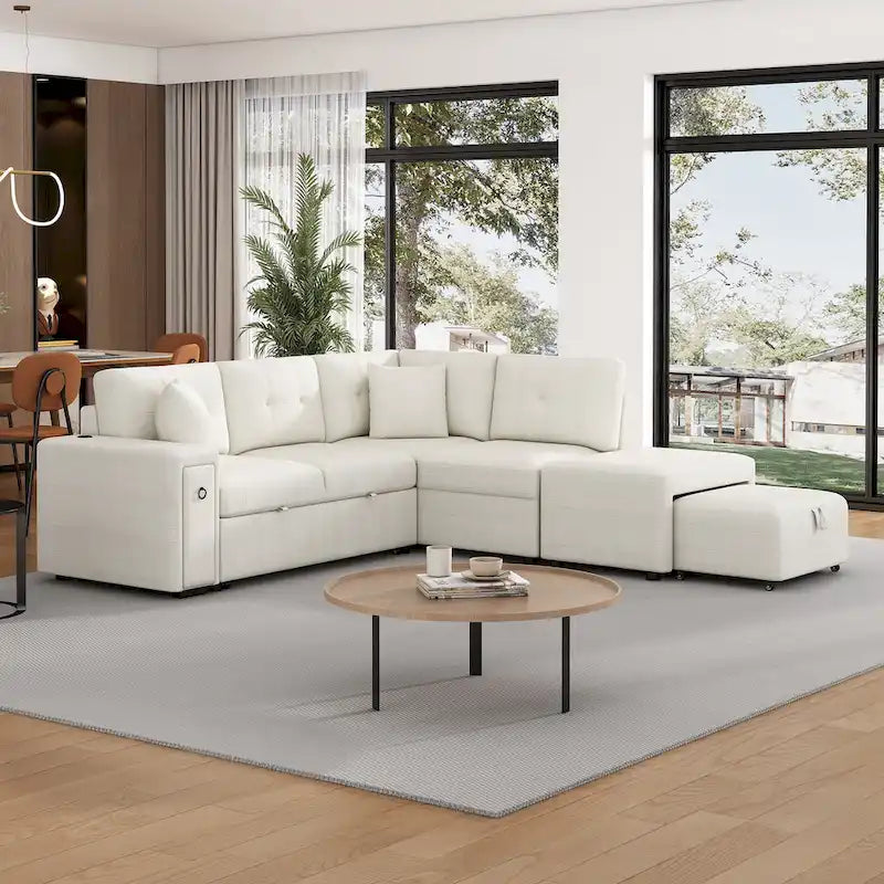Roomfitters Sectional Sofa L-Shaped Pull-Out Bed with Movable Ottoman, Two USB Ports, and Cup Holders for Living Room