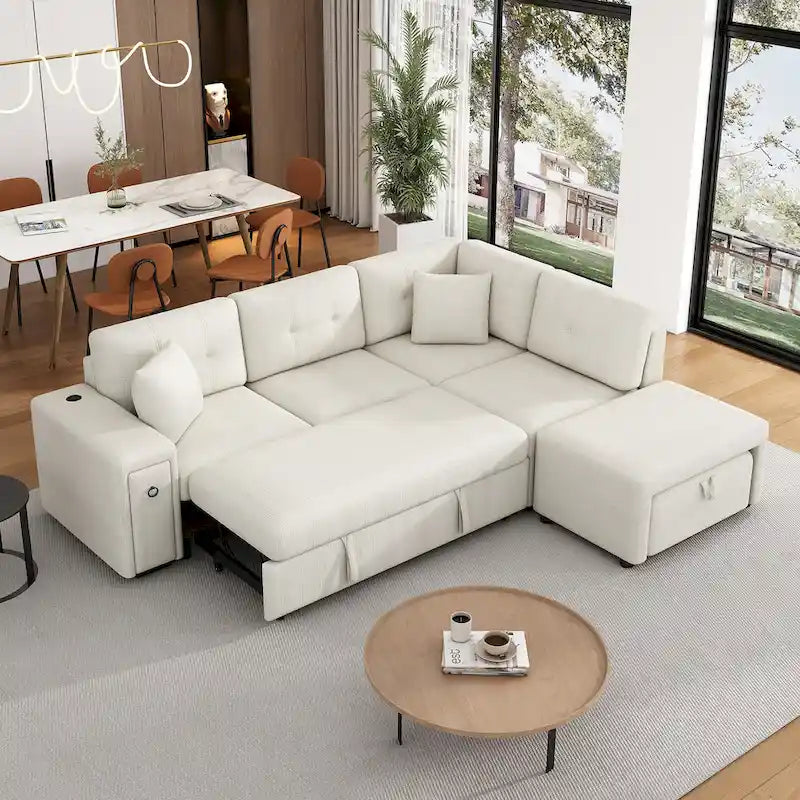 Roomfitters Sectional Sofa L-Shaped Pull-Out Bed with Movable Ottoman, Two USB Ports, and Cup Holders for Living Room
