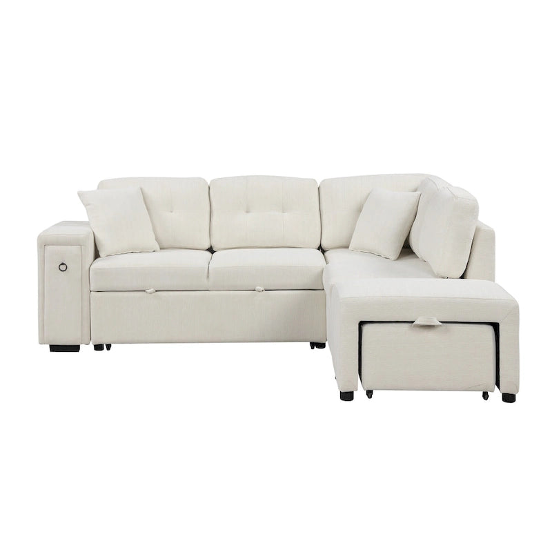 Roomfitters Sectional Sofa L-Shaped Pull-Out Bed with Movable Ottoman, Two USB Ports, and Cup Holders for Living Room