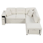 Roomfitters Sectional Sofa L-Shaped Pull-Out Bed with Movable Ottoman, Two USB Ports, and Cup Holders for Living Room