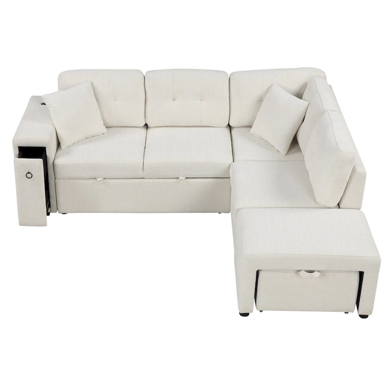 Roomfitters Sectional Sofa L-Shaped Pull-Out Bed with Movable Ottoman, Two USB Ports, and Cup Holders for Living Room