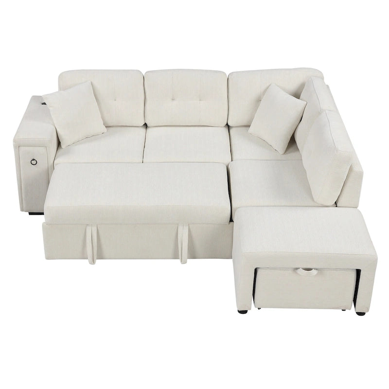 Roomfitters Sectional Sofa L-Shaped Pull-Out Bed with Movable Ottoman, Two USB Ports, and Cup Holders for Living Room