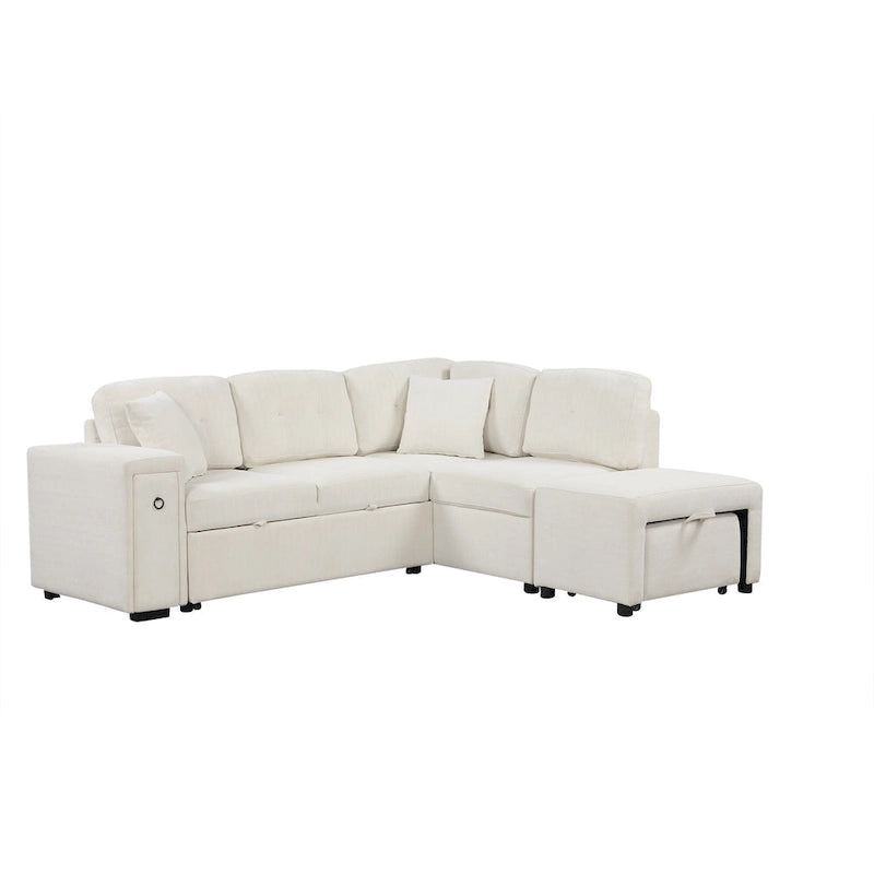 Roomfitters Sectional Sofa L-Shaped Pull-Out Bed with Movable Ottoman, Two USB Ports, and Cup Holders for Living Room