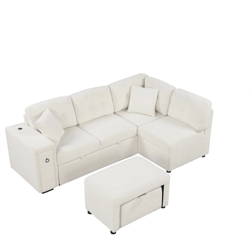Roomfitters Sectional Sofa L-Shaped Pull-Out Bed with Movable Ottoman, Two USB Ports, and Cup Holders for Living Room