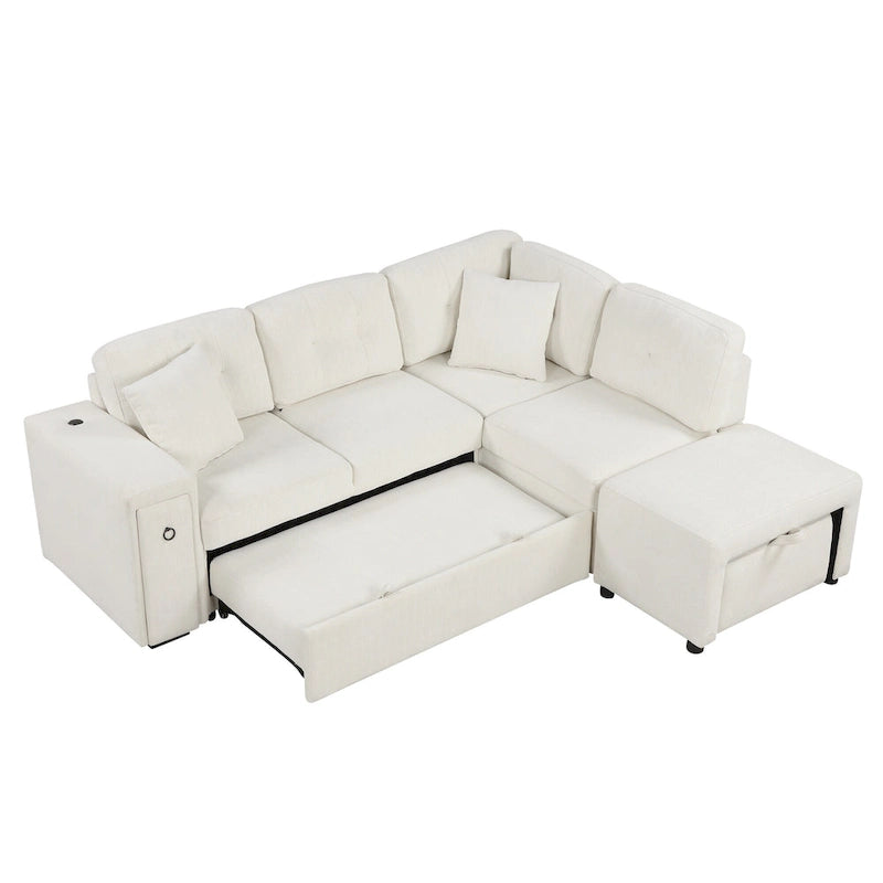 Roomfitters Sectional Sofa L-Shaped Pull-Out Bed with Movable Ottoman, Two USB Ports, and Cup Holders for Living Room