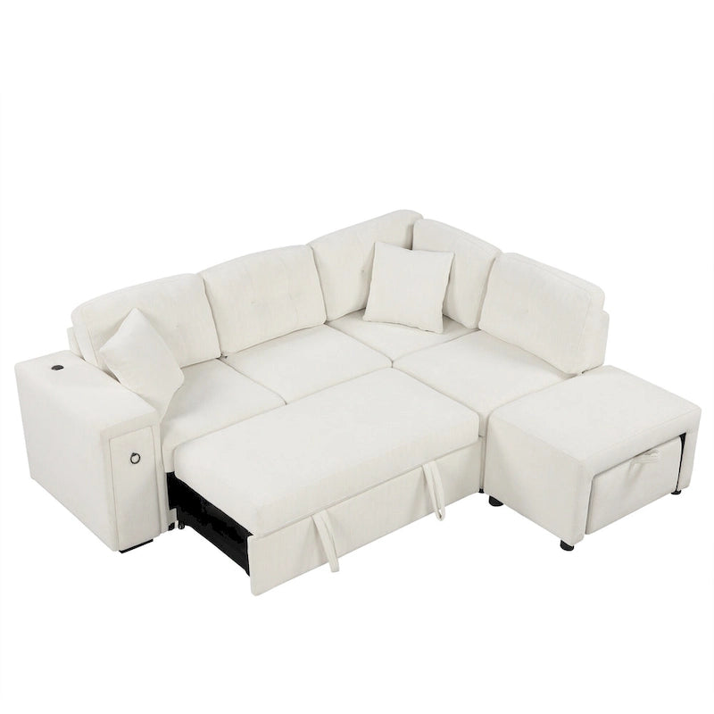 Roomfitters Sectional Sofa L-Shaped Pull-Out Bed with Movable Ottoman, Two USB Ports, and Cup Holders for Living Room